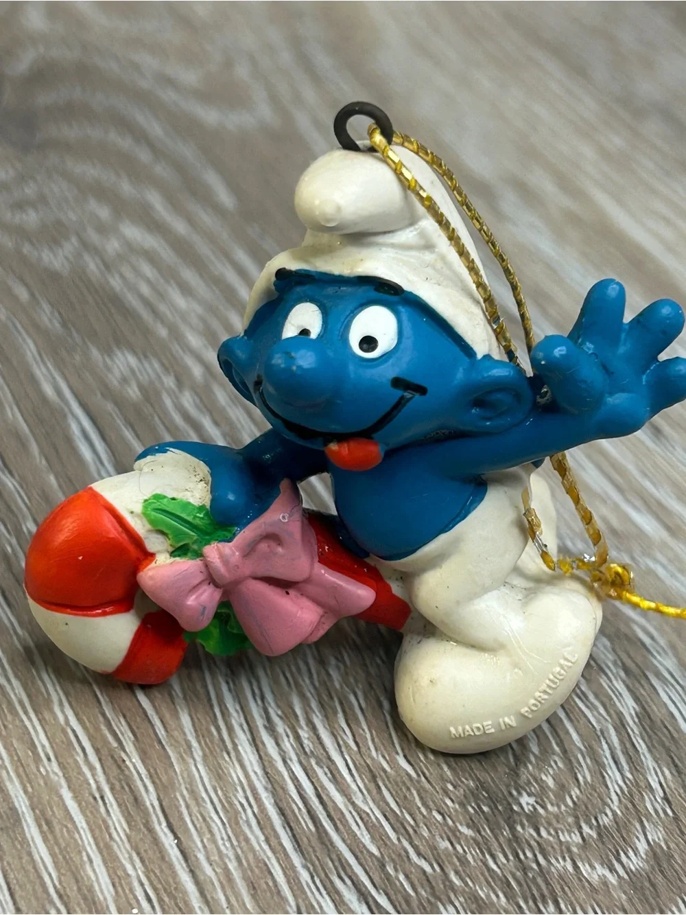 Vintage 1981 Schleich Smurf Christmas Ornament Candy Cane Wreath Peyo Portugal